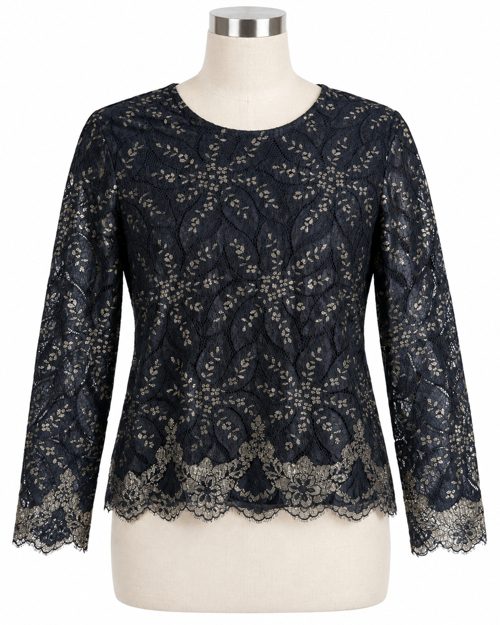 Vintage Women's Large Black Elegant Gold Metallic Blouse Classic Floral Lace
